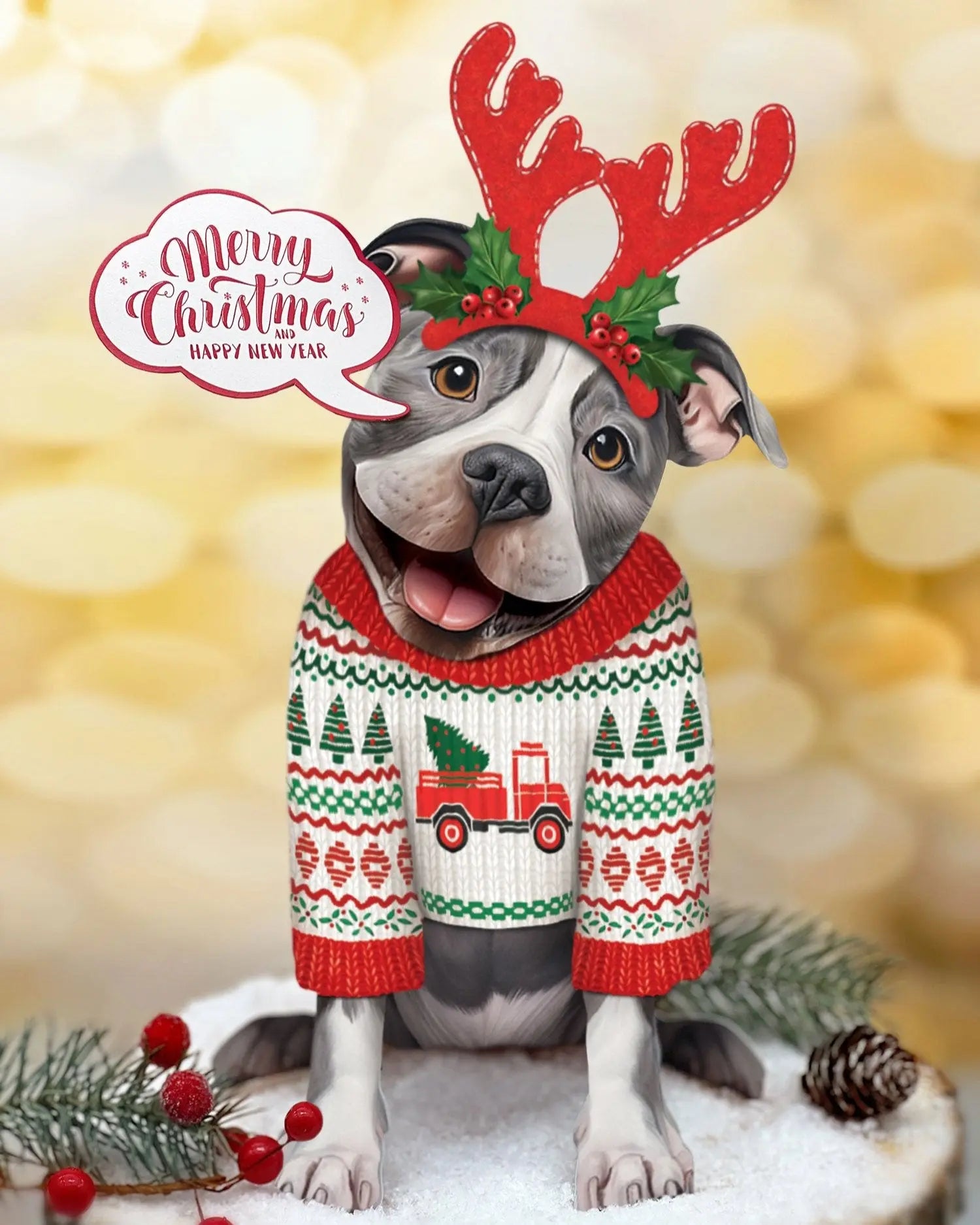 Holiday Pit Bull Pop-Up Card with reindeer antlers