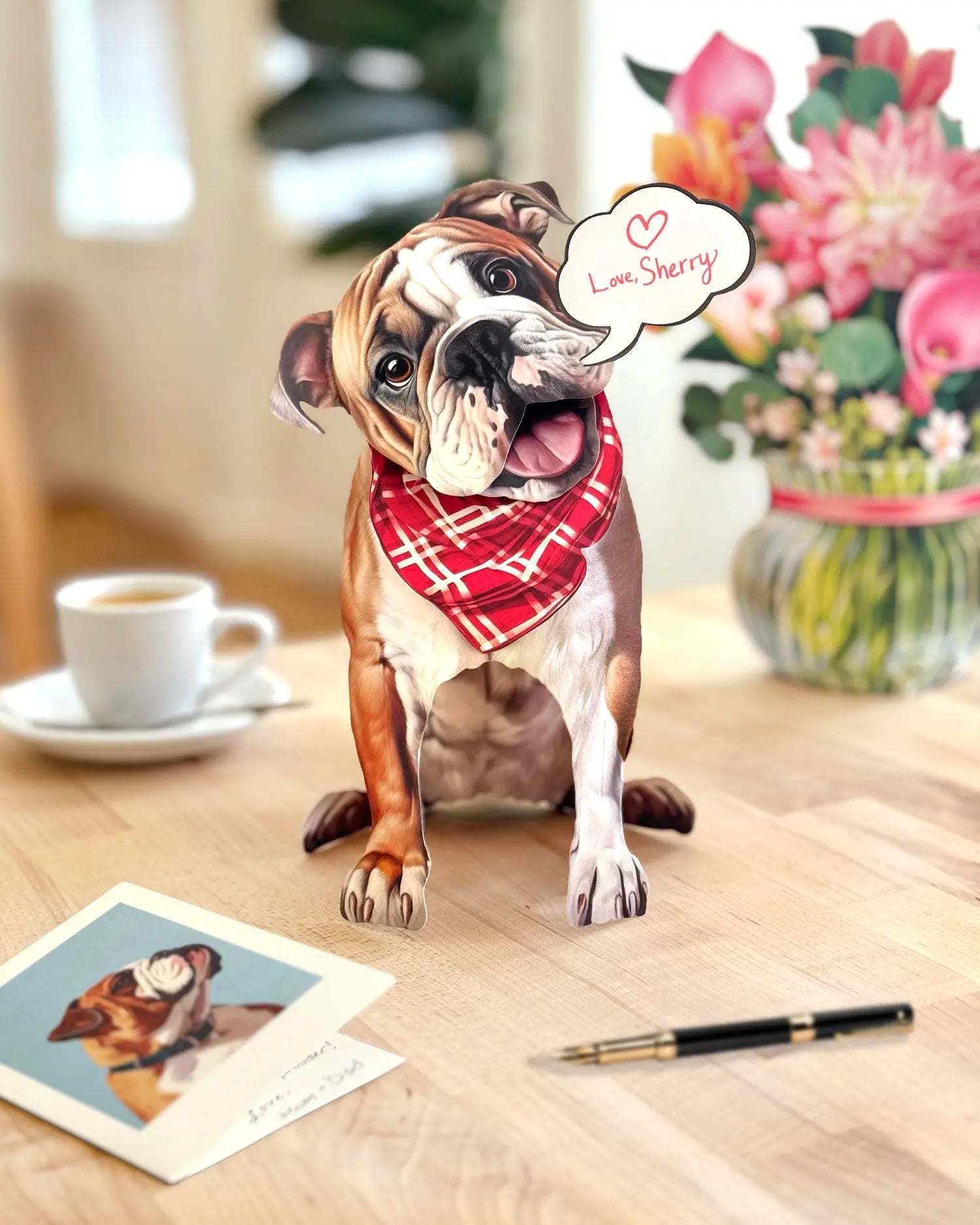 Freshcut paper bulldog pop-up card on desk