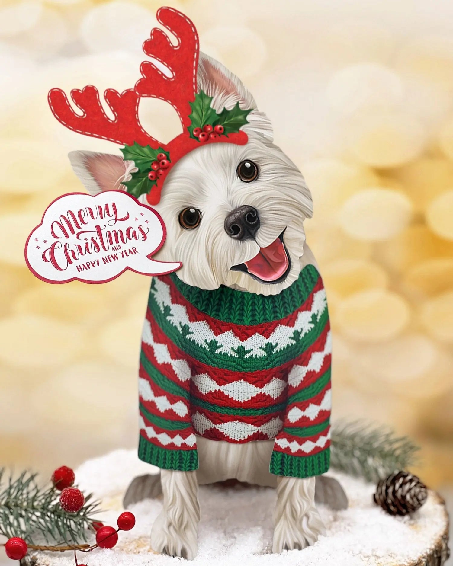 Holiday Westie Pop-Up Card with reindeer antlers