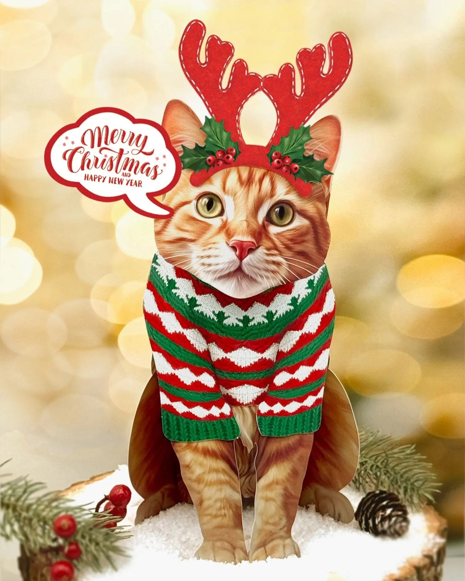 Holiday Orange Tabby Cat Pop-Up Card with reindeer antlers