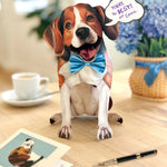 FreshCut Paper pop-up Beagle card with a speech bubble on a table with a cup and card.