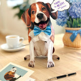 FreshCut Paper pop-up Beagle card with a speech bubble on a table with a cup and card.