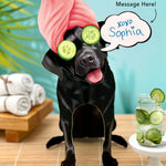 Black Lab Pop-Up Pup with spa day accessories