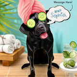 Black Lab Pop-Up Pup with spa day accessories