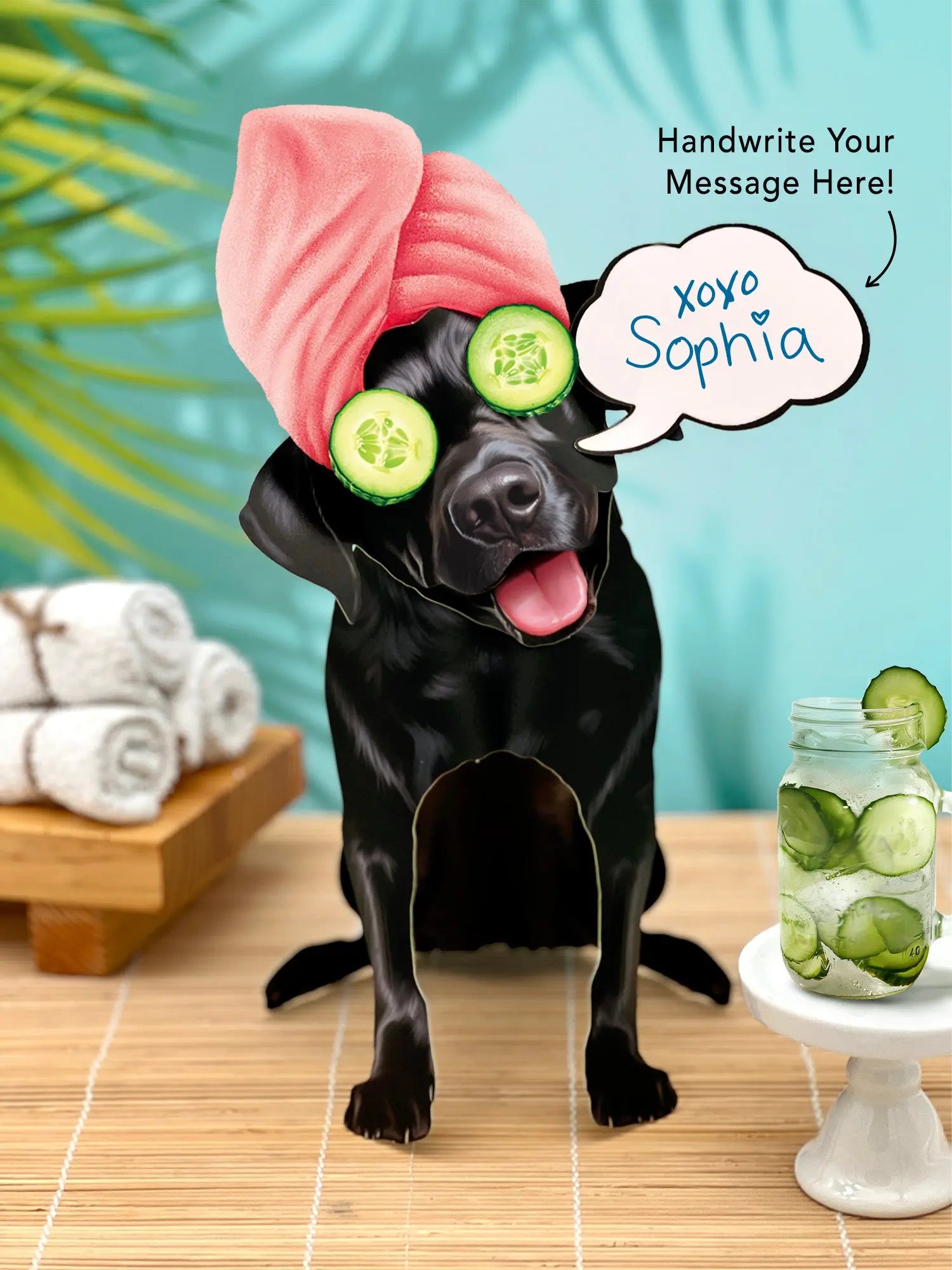 Black Lab Pop-Up Pup with spa day accessories