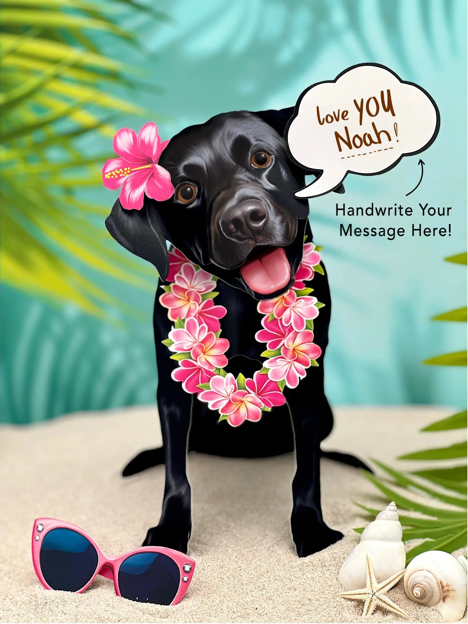 Black Lab Pop-Up Pup with vacation accessories