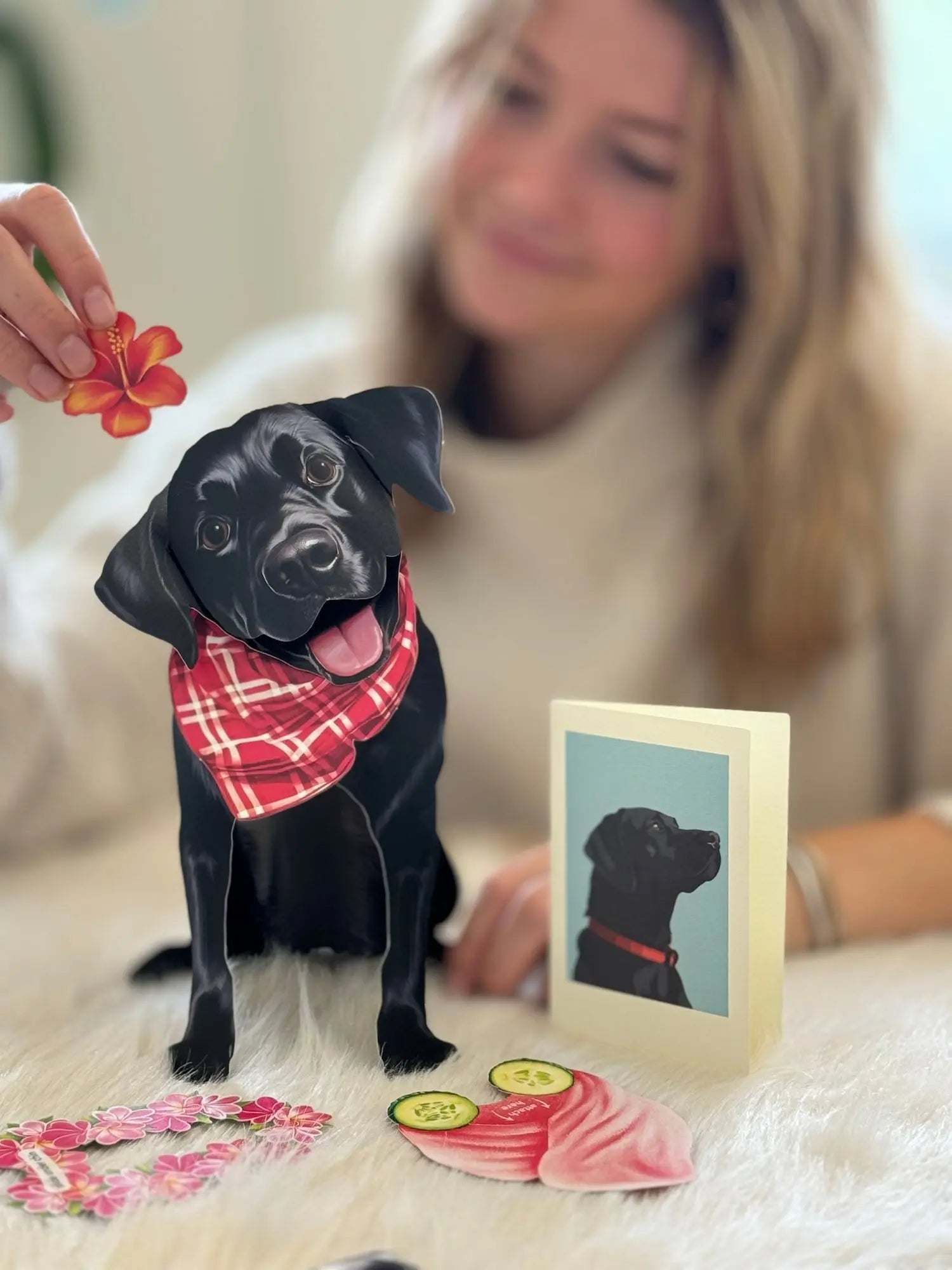 Black Lab Pop-Up Pup with matching blank notecard and accessories