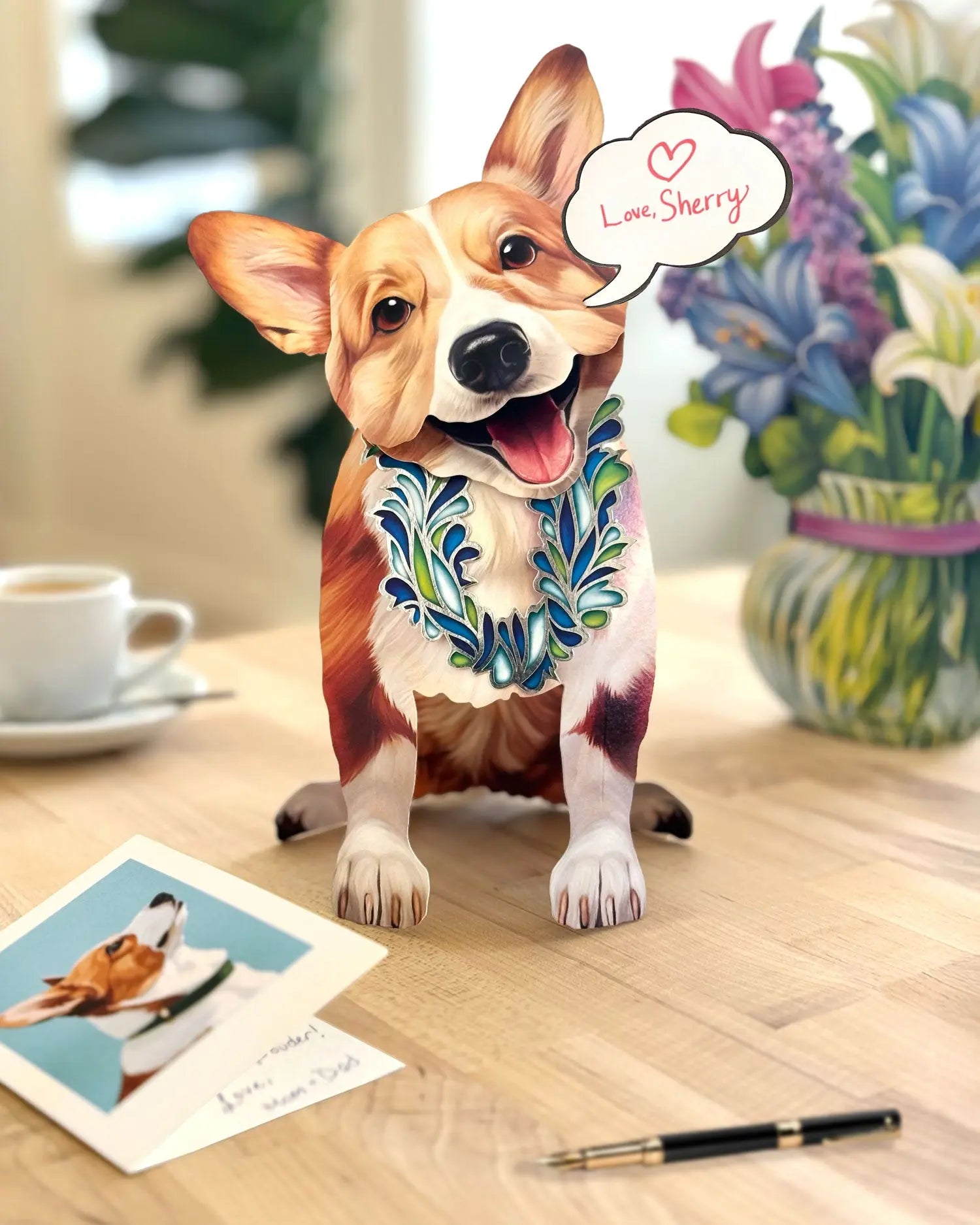 Freshcut paper Corgi pop-up card on a desk
