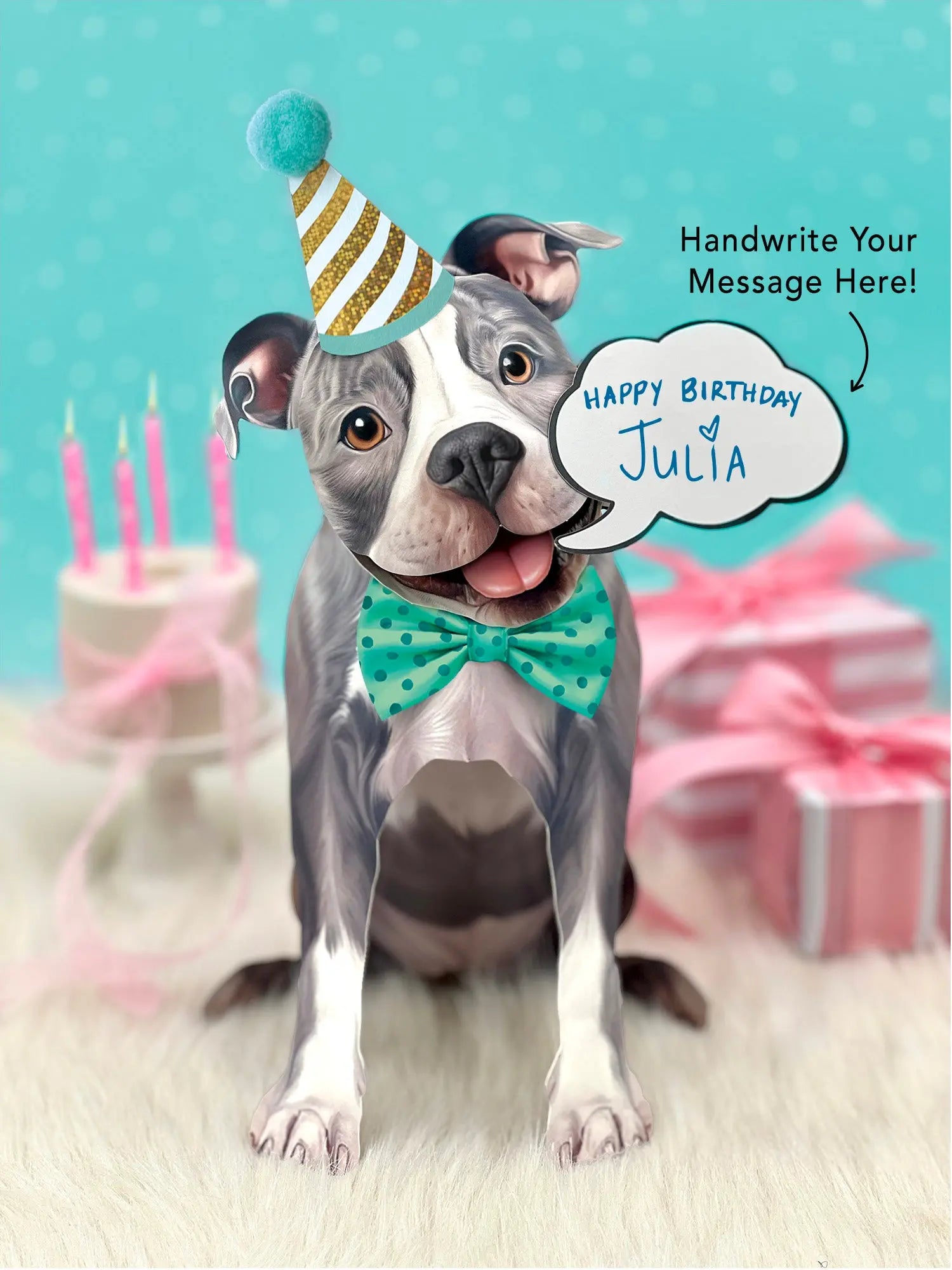 Gray Pit Bull Pop-Up Pup with birthday accessories