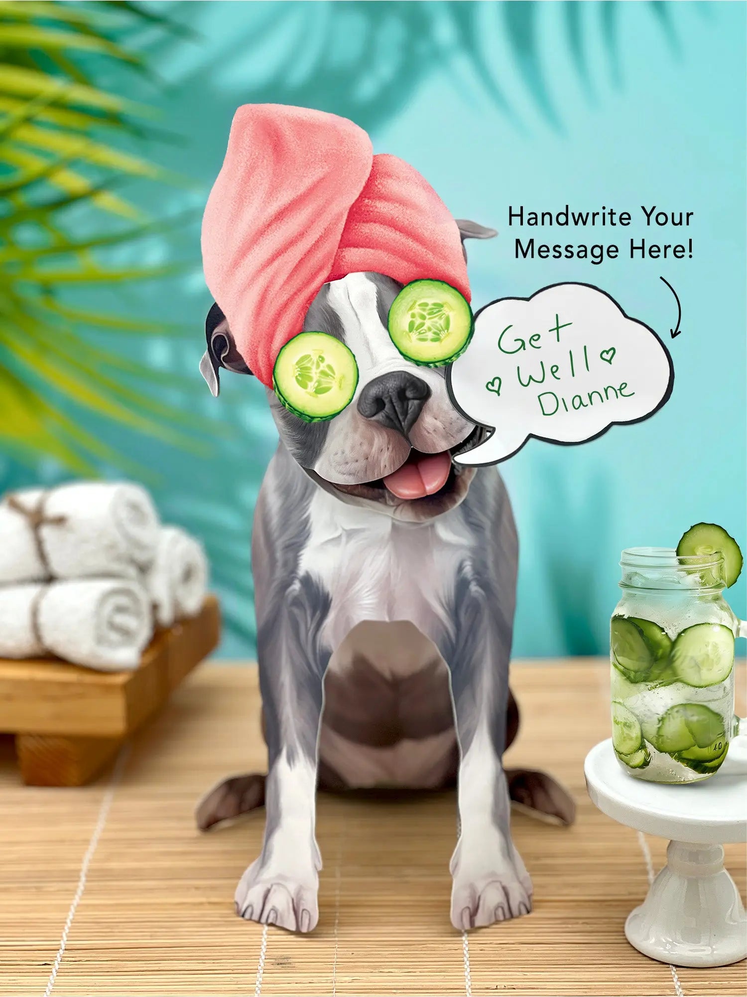 Gray Pit Bull Pop-Up Pup with spa day accessories
