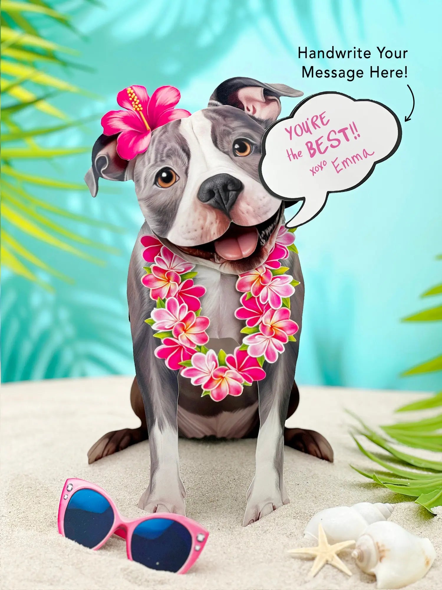 Gray Pit Bull Pop-Up Pup with vacation accessories