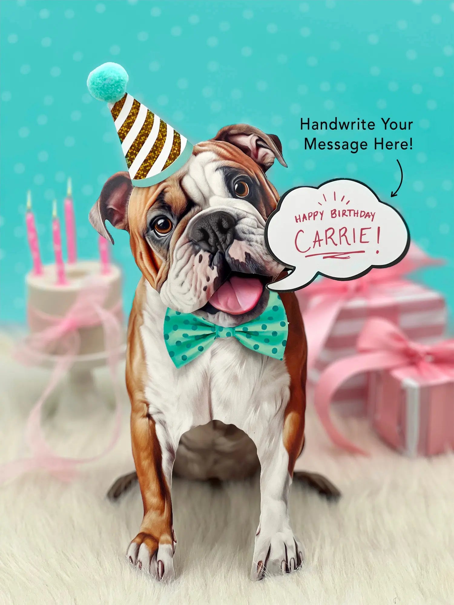 English Bulldog Pop-Up Pup with birthday accessories