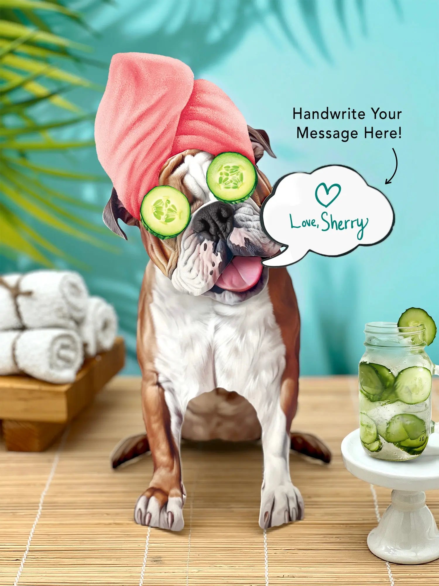 English Bulldog Pop-Up Pup with spa day accessories