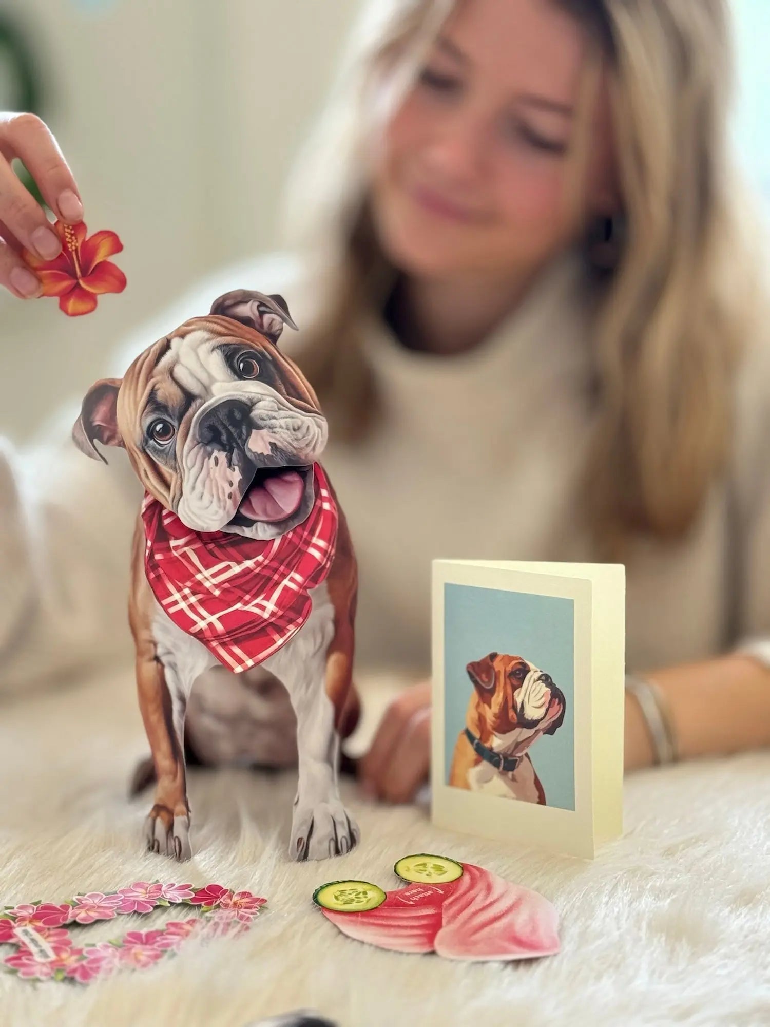 English Bulldog Pop-Up Pup with matching blank notecard and accessories