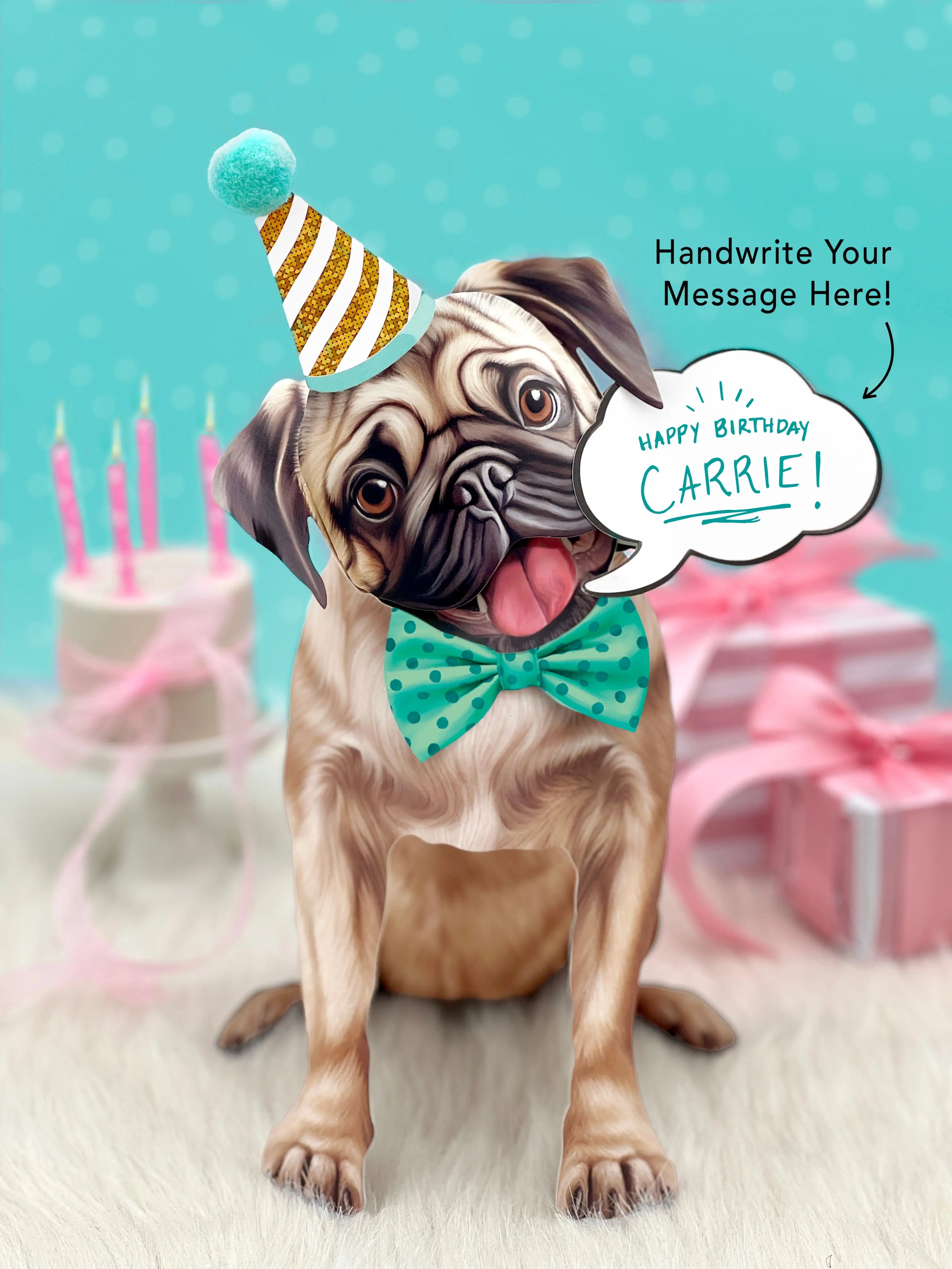 Pug Pop-Up Pup with birthday accessories