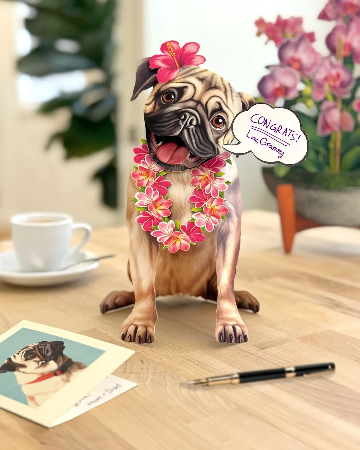 Freshcut paper Pug pop-up card on desk