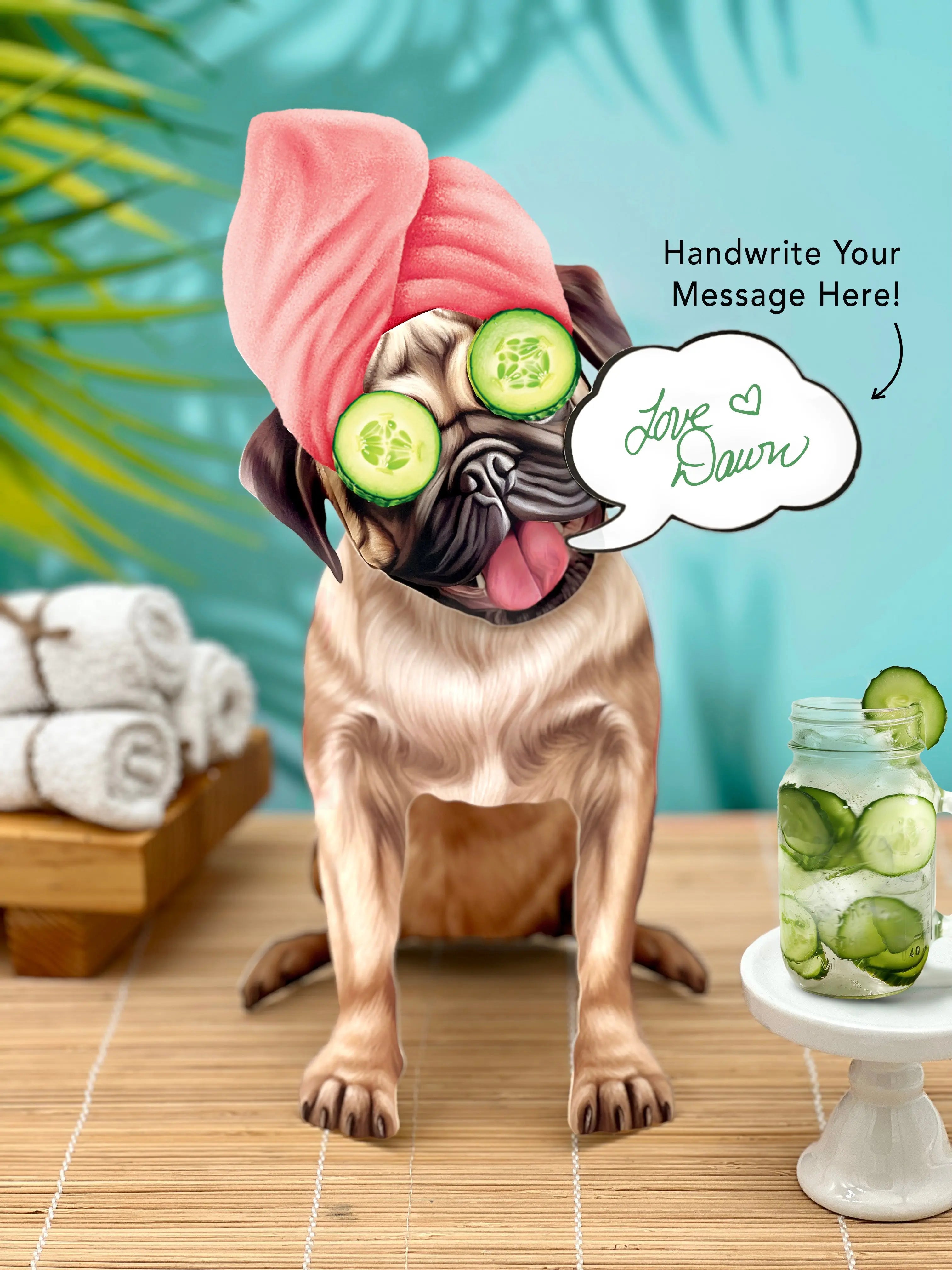 Pug Pop-Up Pup with spa day accessories