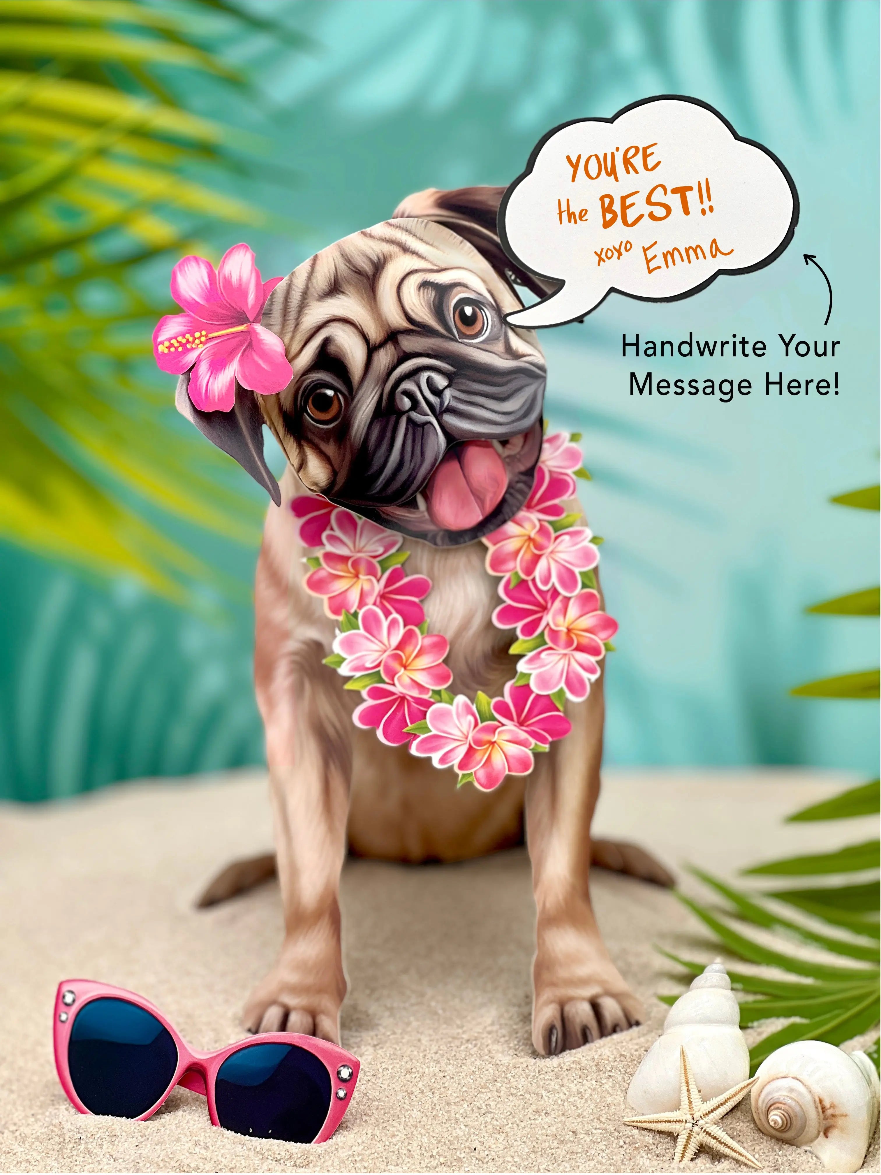 Pug Pop-Up Pup with vacation accessories