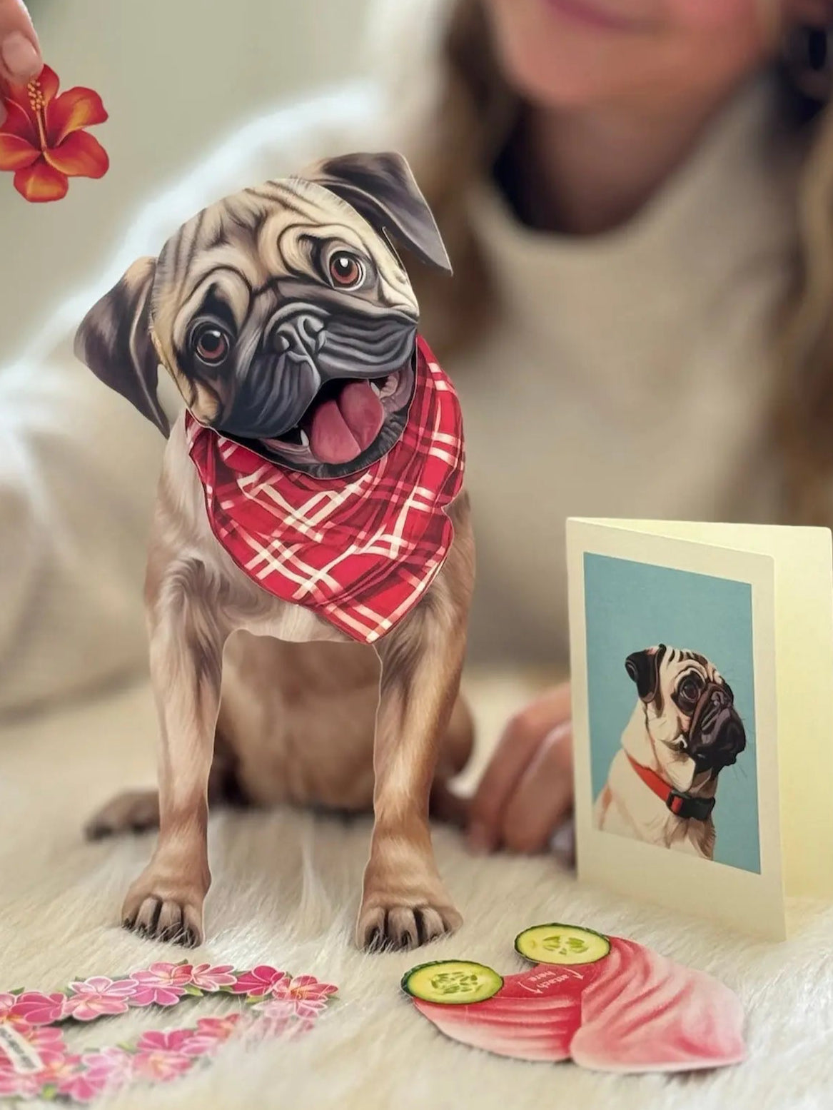 Pug Pop-Up Pup with matching blank notecard and accessories