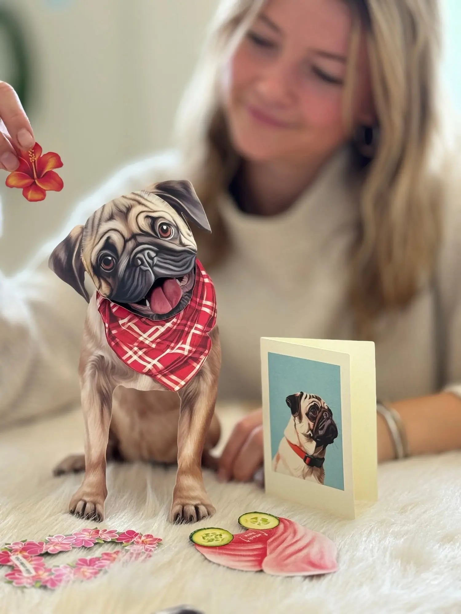 Pug Pop-Up Pup with matching blank notecard and accessories