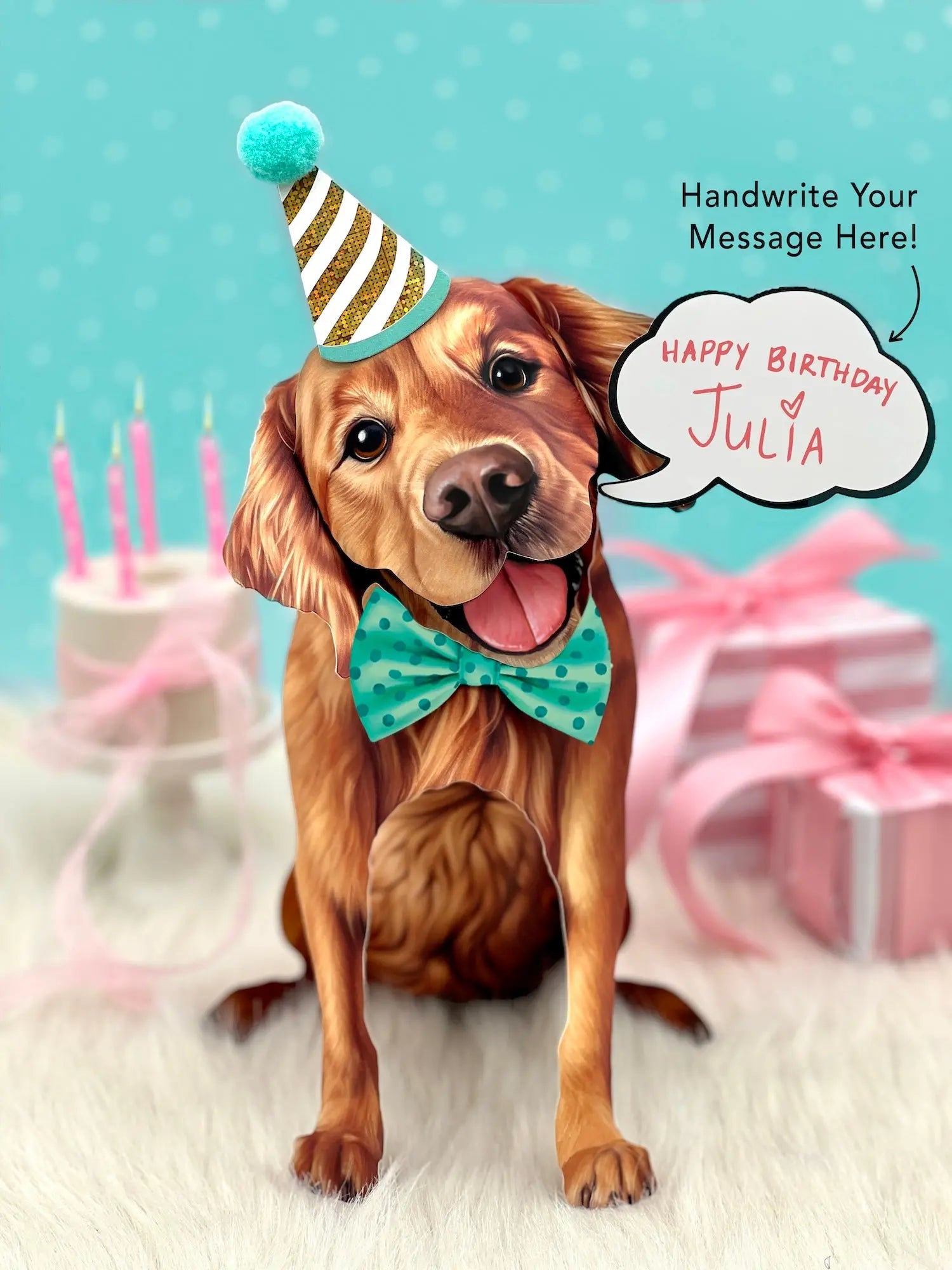 Golden Retriever Pop-Up Pup with birthday accessories