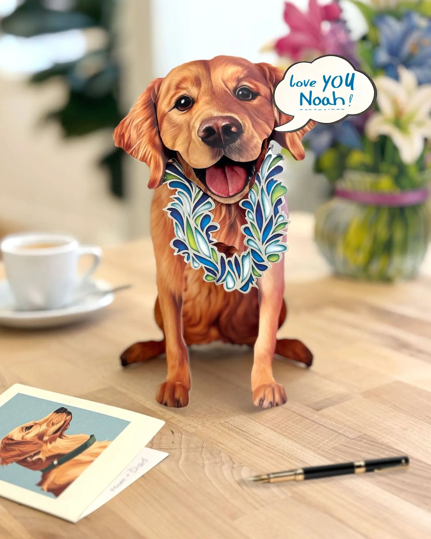 Freshcut paper golden retriver pop-up card on desk