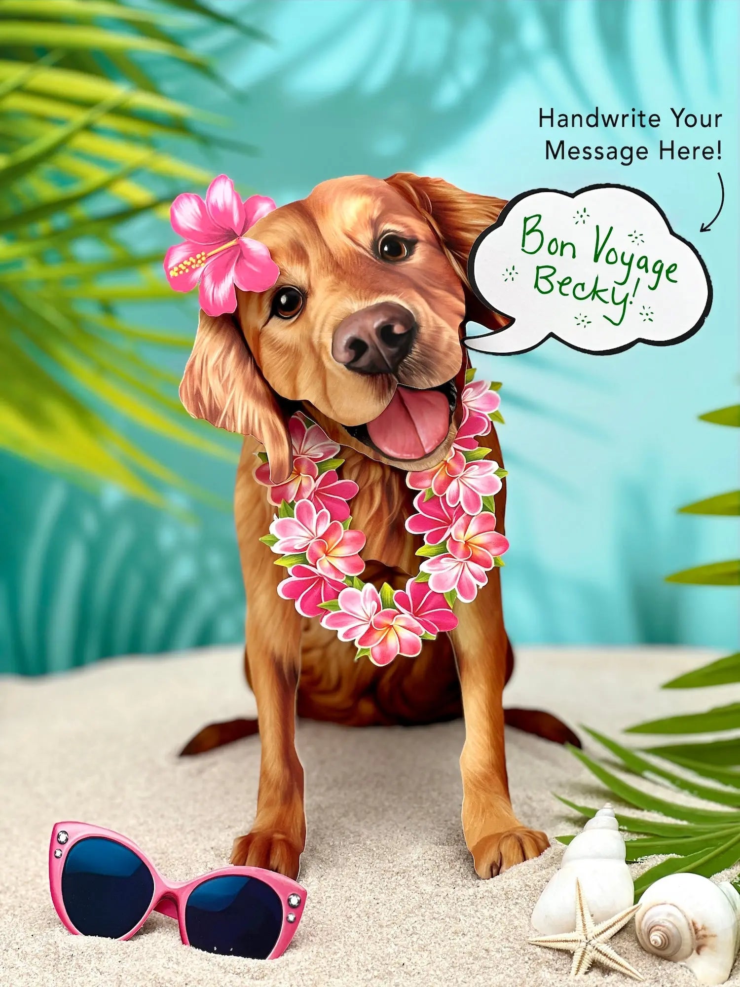 Golden Retriever Pop-Up Pup with vacation accessories