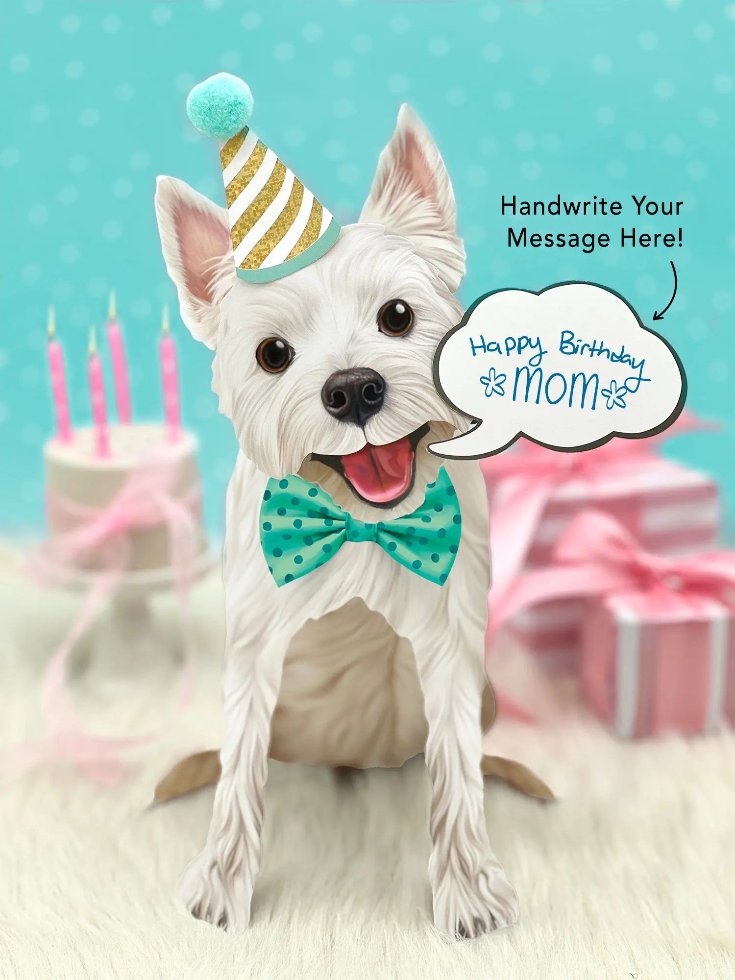 Westie Pop-Up Pup with birthday accessories