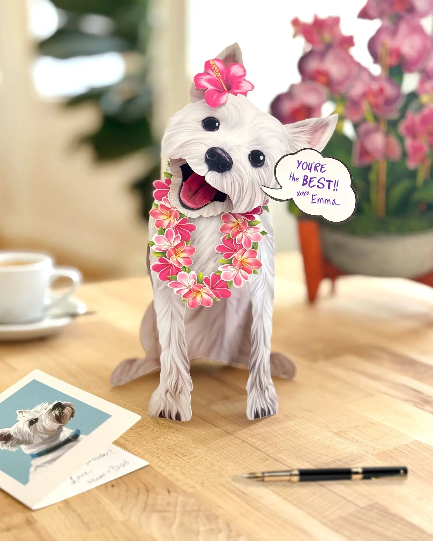 Freshcut paper Westie pop-up card on desk