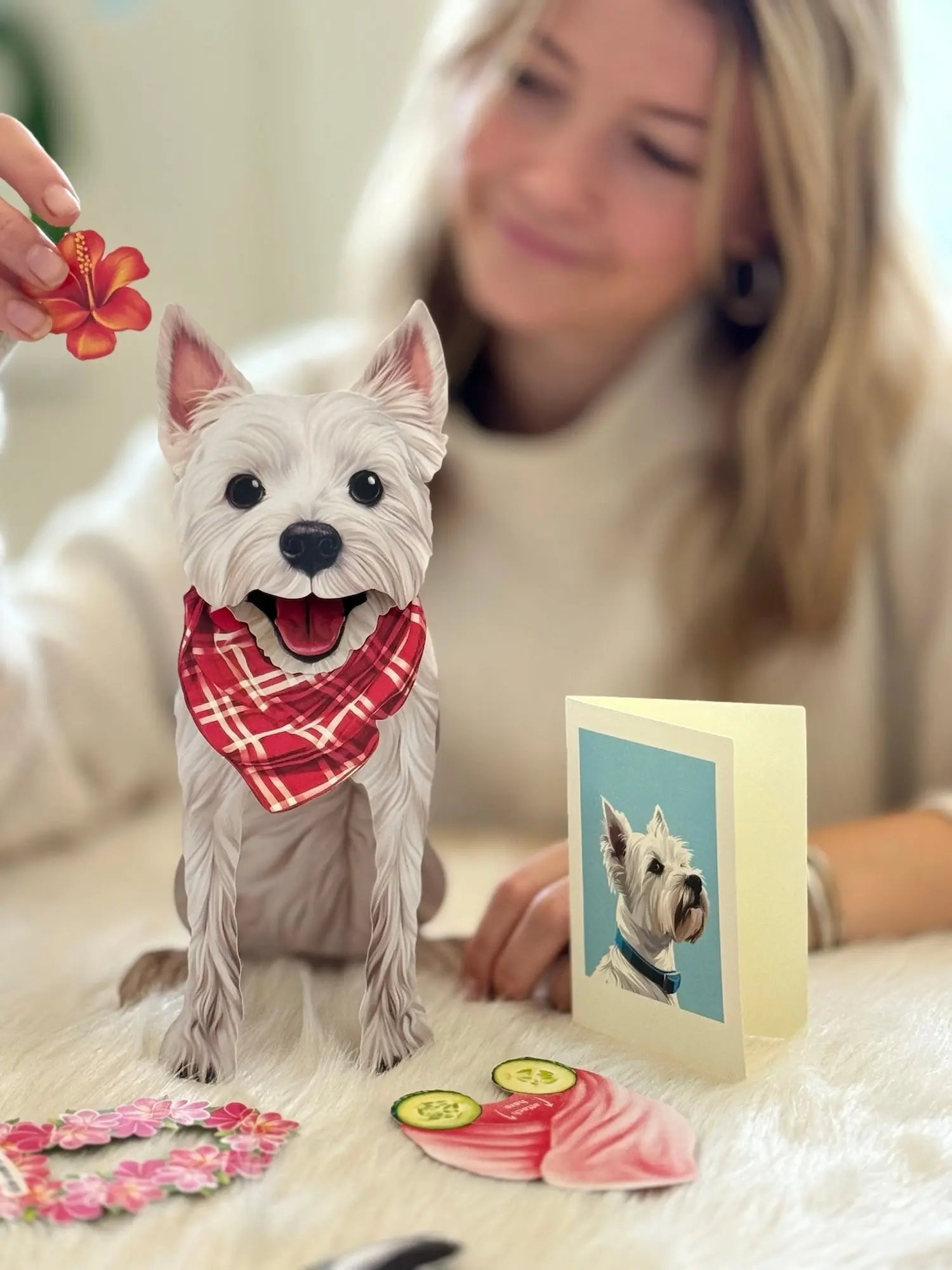 Westie Pop-Up Pup with matching blank notecard and accessories