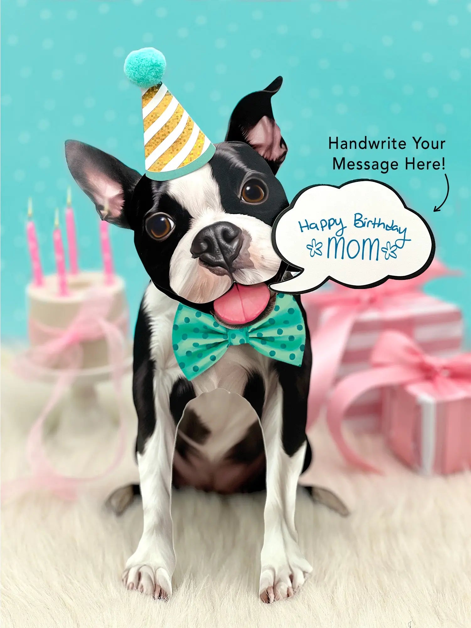 Boston Terrier Pop-Up Pup with birthday accessories