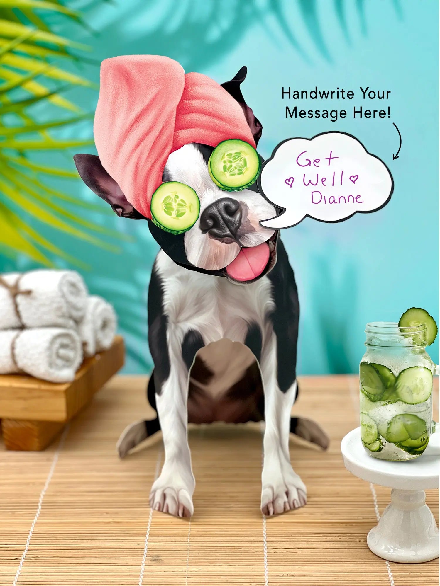 Boston Terrier Pop-Up Pup with spa day accessories