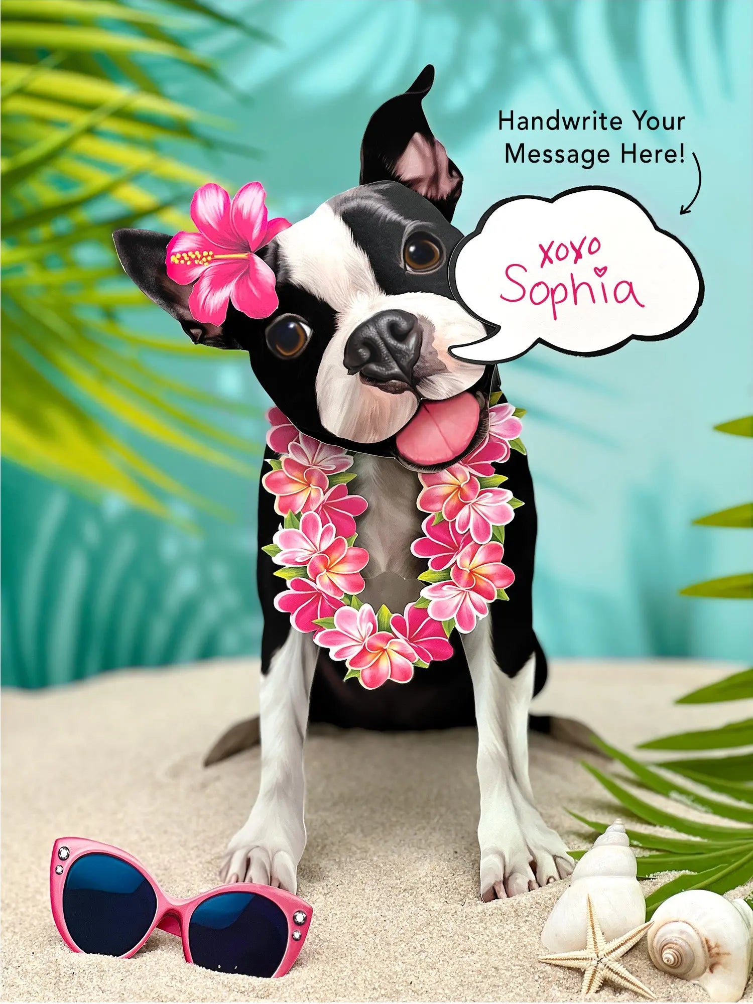 Boston Terrier Pop-Up Pup with vacation accessories