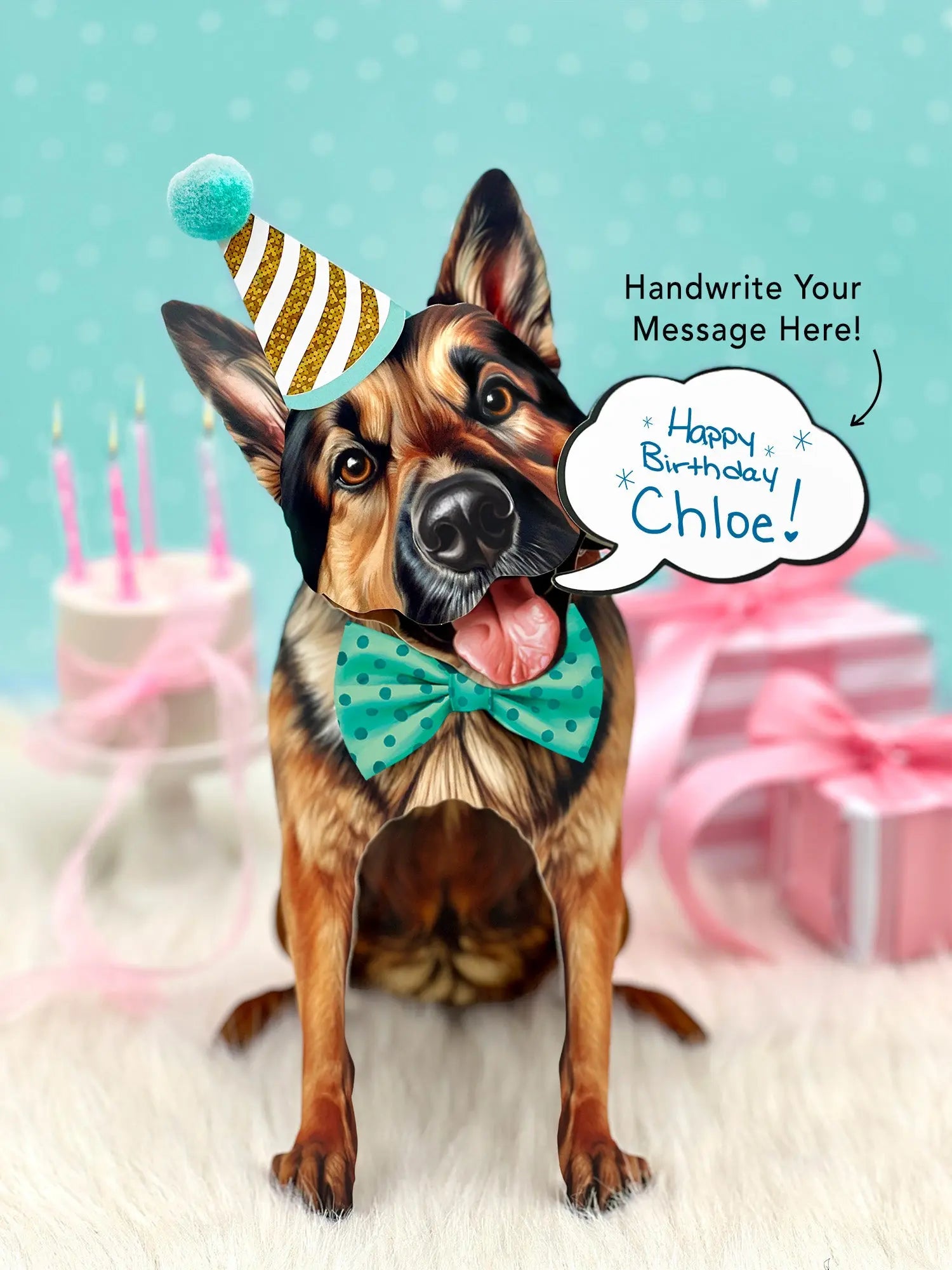 German Shepherd Pop-Up Pup with birthday accessories