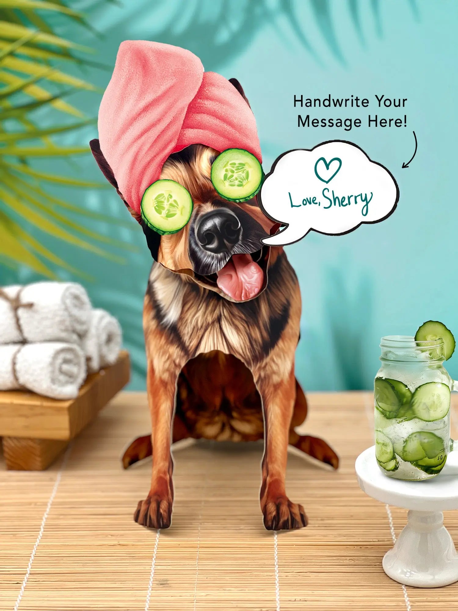 German Shepherd Pop-Up Pup with spa day accessories