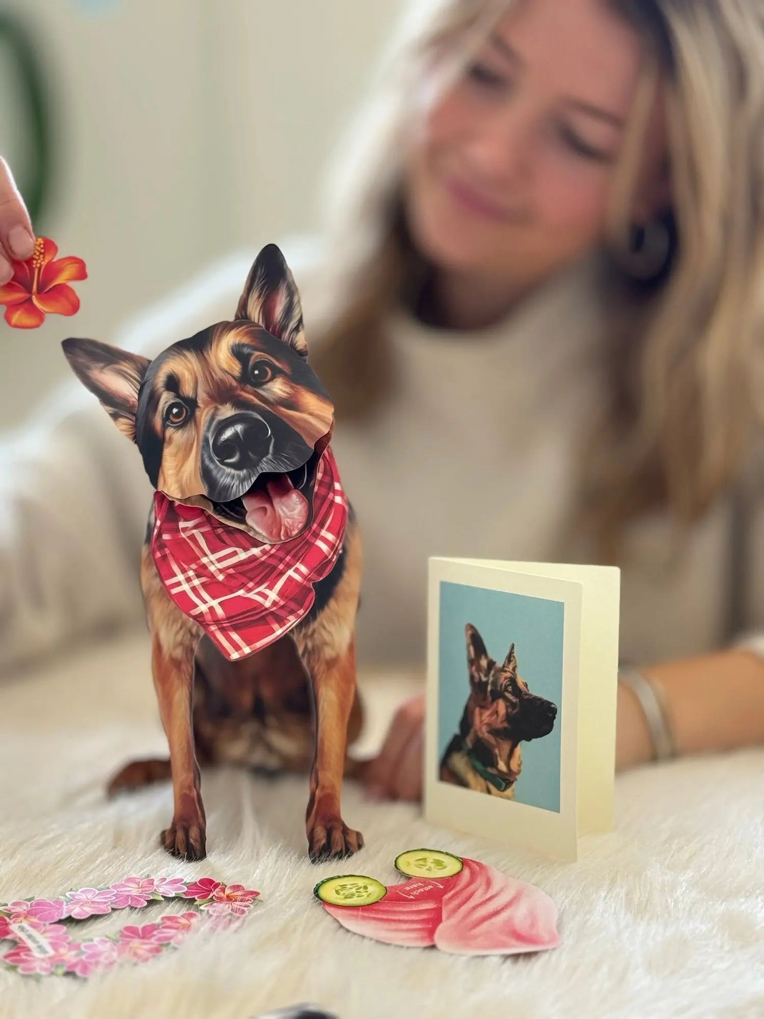 German Shepherd Pop-Up Pup with matching blank notecard and accessories