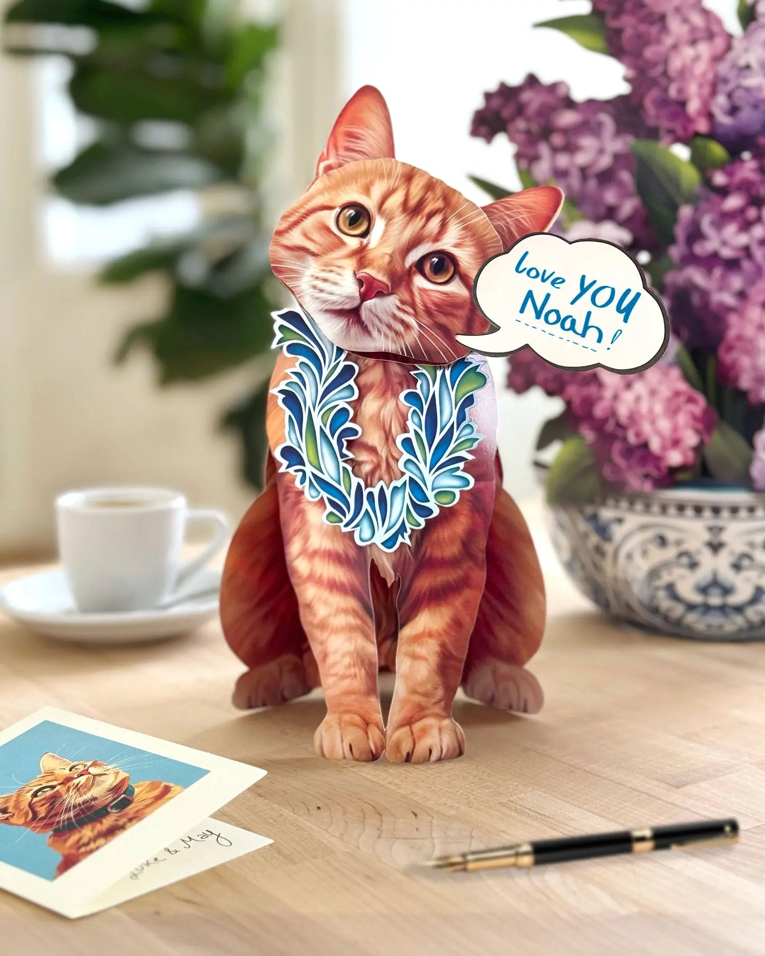 Freshcut paper Orange Tabby Cat pop-up card on desk