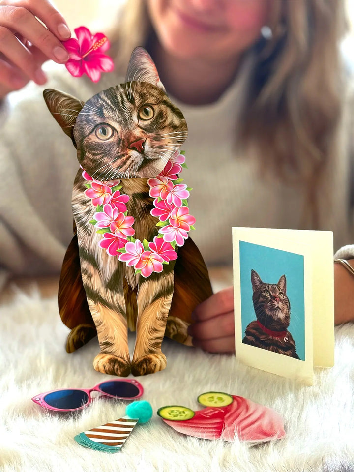 Brown Tabby Pop-Up Cat with notecard and accessories