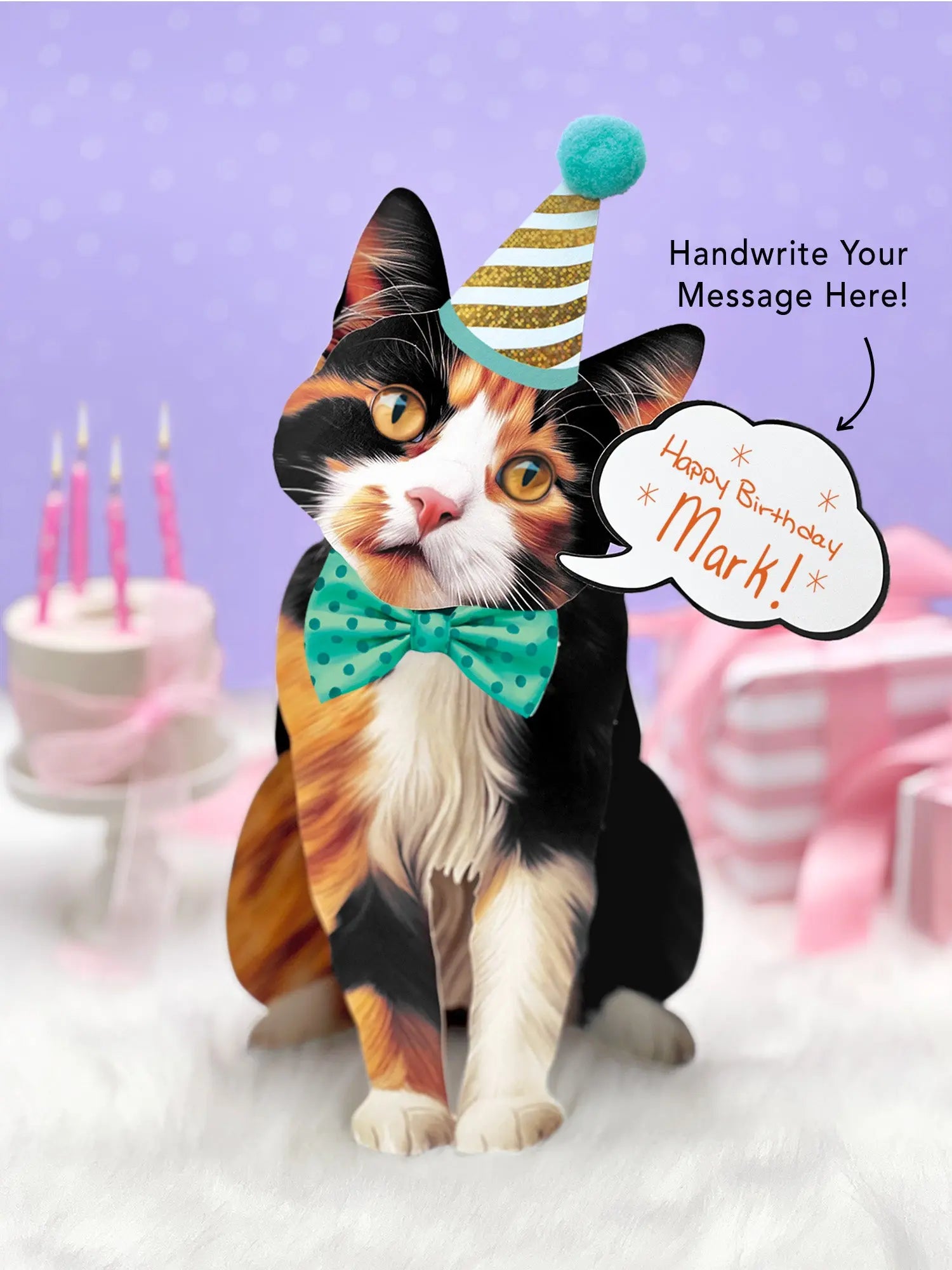 Calico Pop-Up Cat with birthday accessories