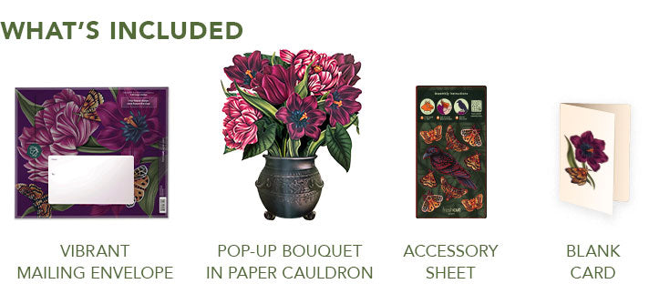 What's Included: A vibrant mailing envelope, a pop-up bouquet maroon flowers in a paper cauldron, a sheet of moths, and a blank notecard featuring a dark red flower illustration. 