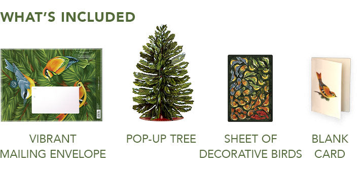 What's Included: A vibrant mailing envelope, a pop-up tree, a sheet of decorative birds, and a blank notecard featuring a bird. 