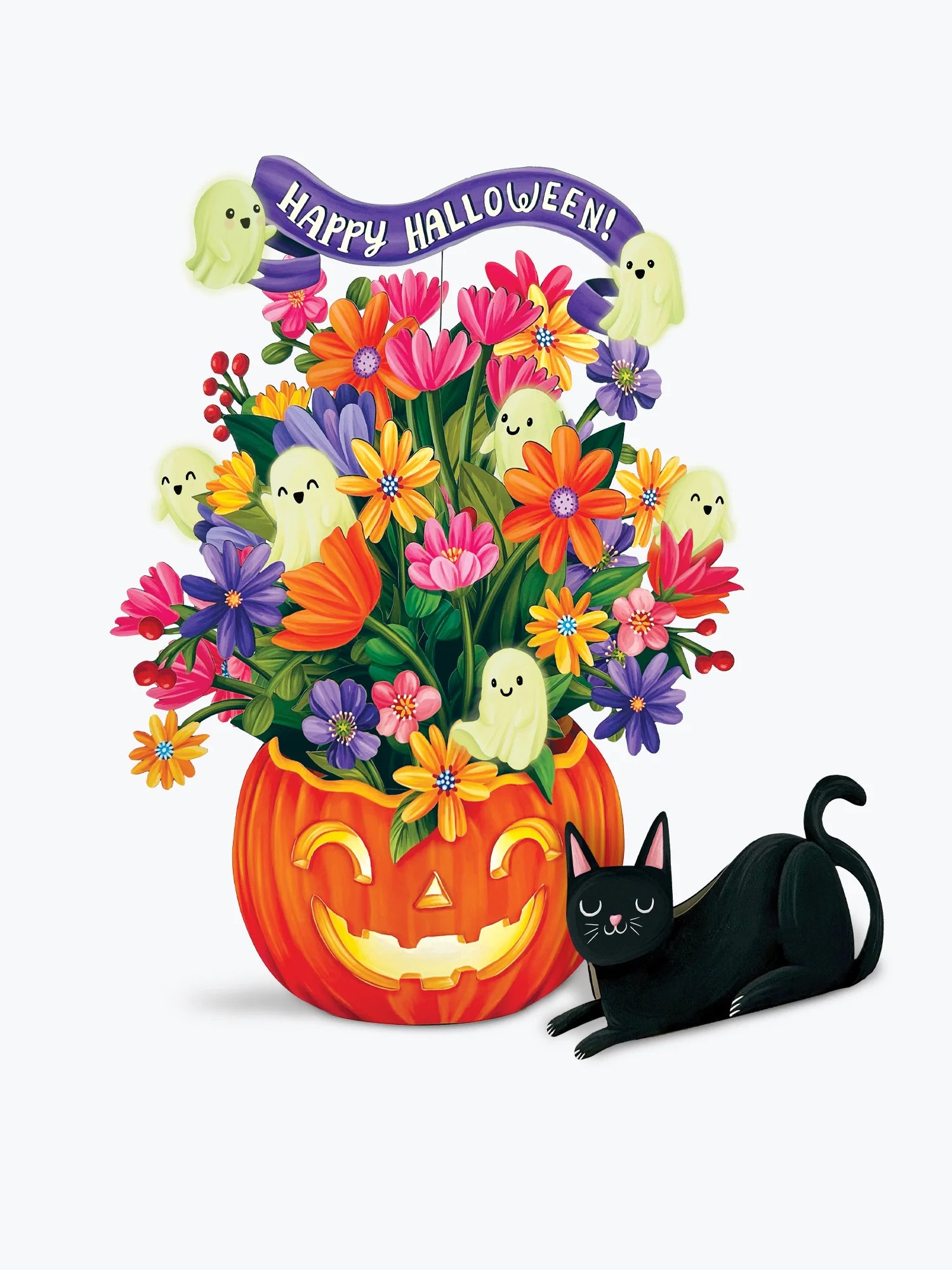 A colorful Halloween illustration featuring a carved orange pumpkin filled with bright multicolored flowers, a purple 'Happy Halloween!' banner, small ghost decorations, and a paper black cat lying beside it on a light gray background.