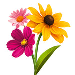 Three colorful flowers on a white background: a large yellow flower with a dark brown center, a pink flower with an orange center, and a bright magenta-purple flower with a yellow center, all with green stems and leaves.