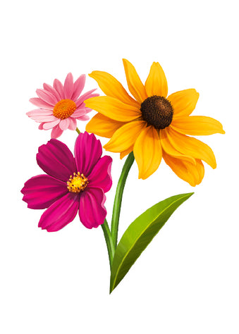Three colorful flowers on a white background: a large yellow flower with a dark brown center, a pink flower with an orange center, and a bright magenta-purple flower with a yellow center, all with green stems and leaves.