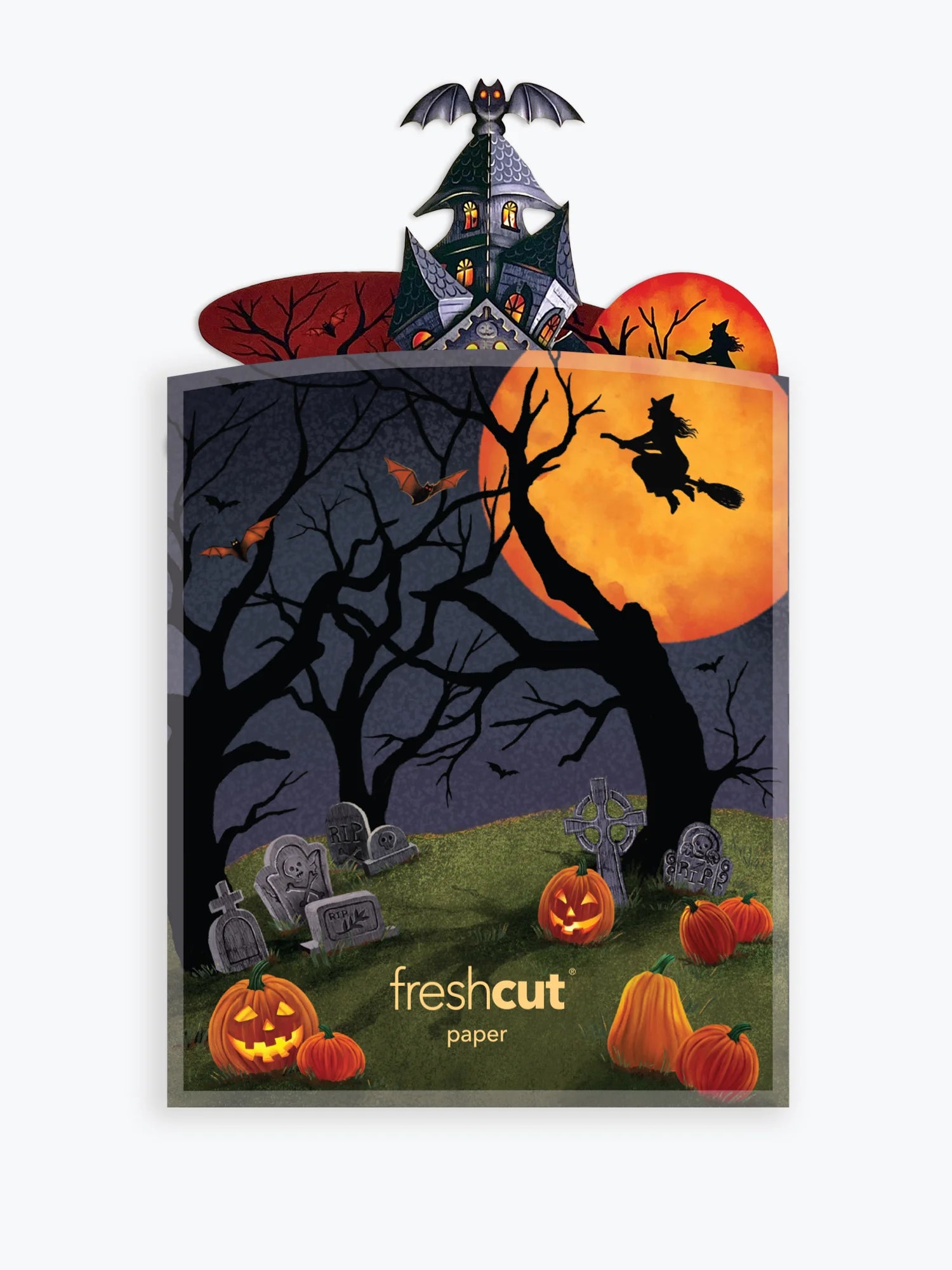 Branded envelope packaging with the Haunted House pop-up scene peeking out of the top, featuring a haunted house, bats, and spooky trees against an orange full moon.