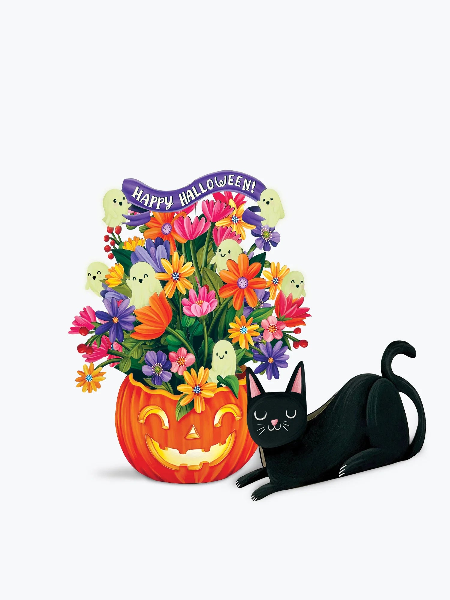 A festive Halloween illustration featuring a carved orange pumpkin filled with colorful flowers, small ghost figures, and a purple 'Happy Halloween!' banner, next to a paper black cat on a light gray background.