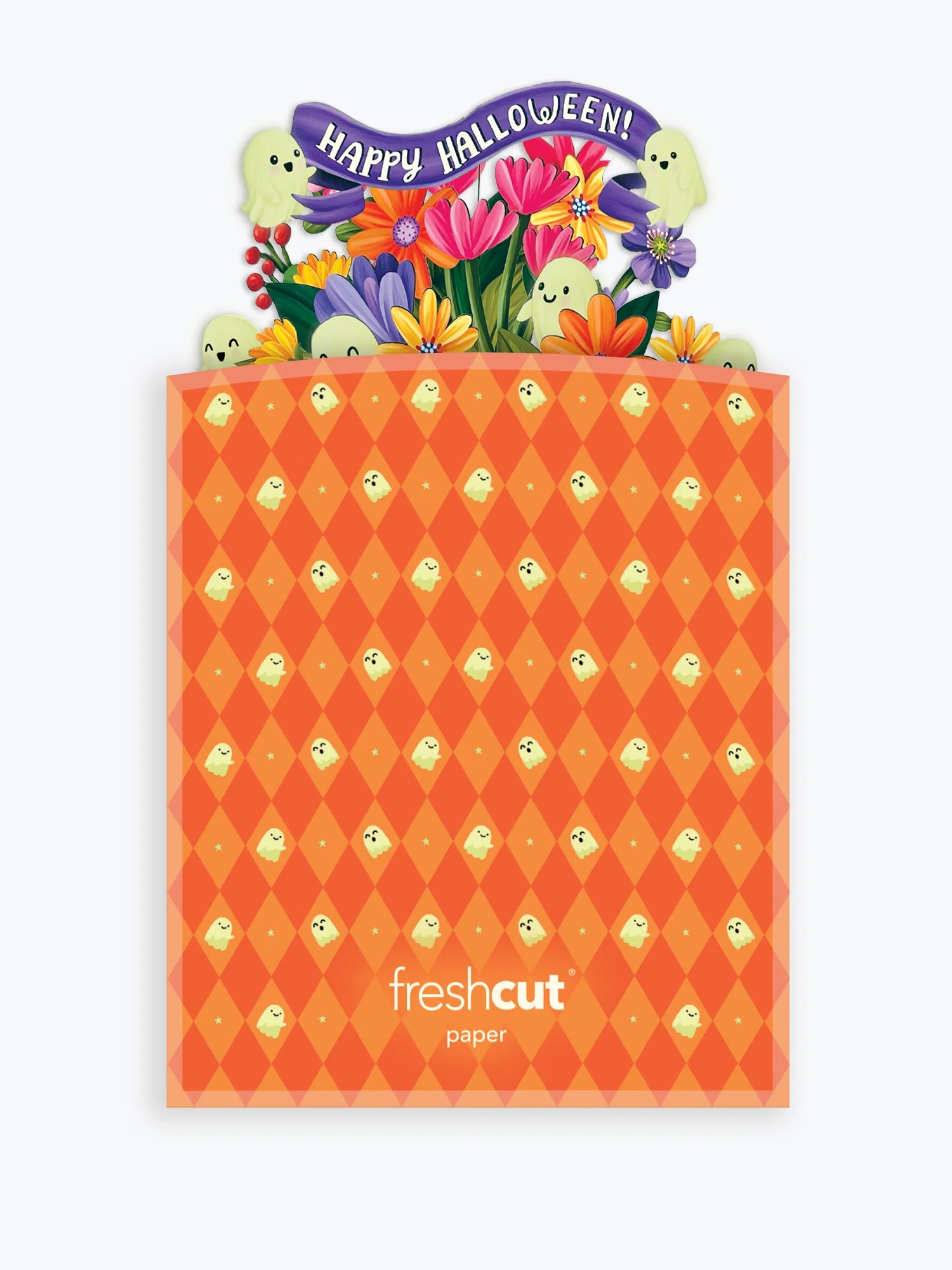 An orange Halloween-themed branded envelope with a diamond pattern and a colorful pop-up 'Happy Halloween!' floral and ghost design at the top, shown on a light gray background.