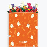 An orange Halloween-themed branded envelope with a ghost pattern, shown filled with colorful paper pop-art ghosts and flowers against a light gray background.