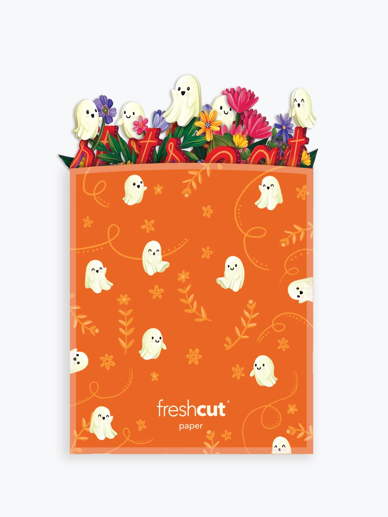 An orange Halloween-themed branded envelope with a ghost pattern, shown filled with colorful paper pop-art ghosts and flowers against a light gray background.
