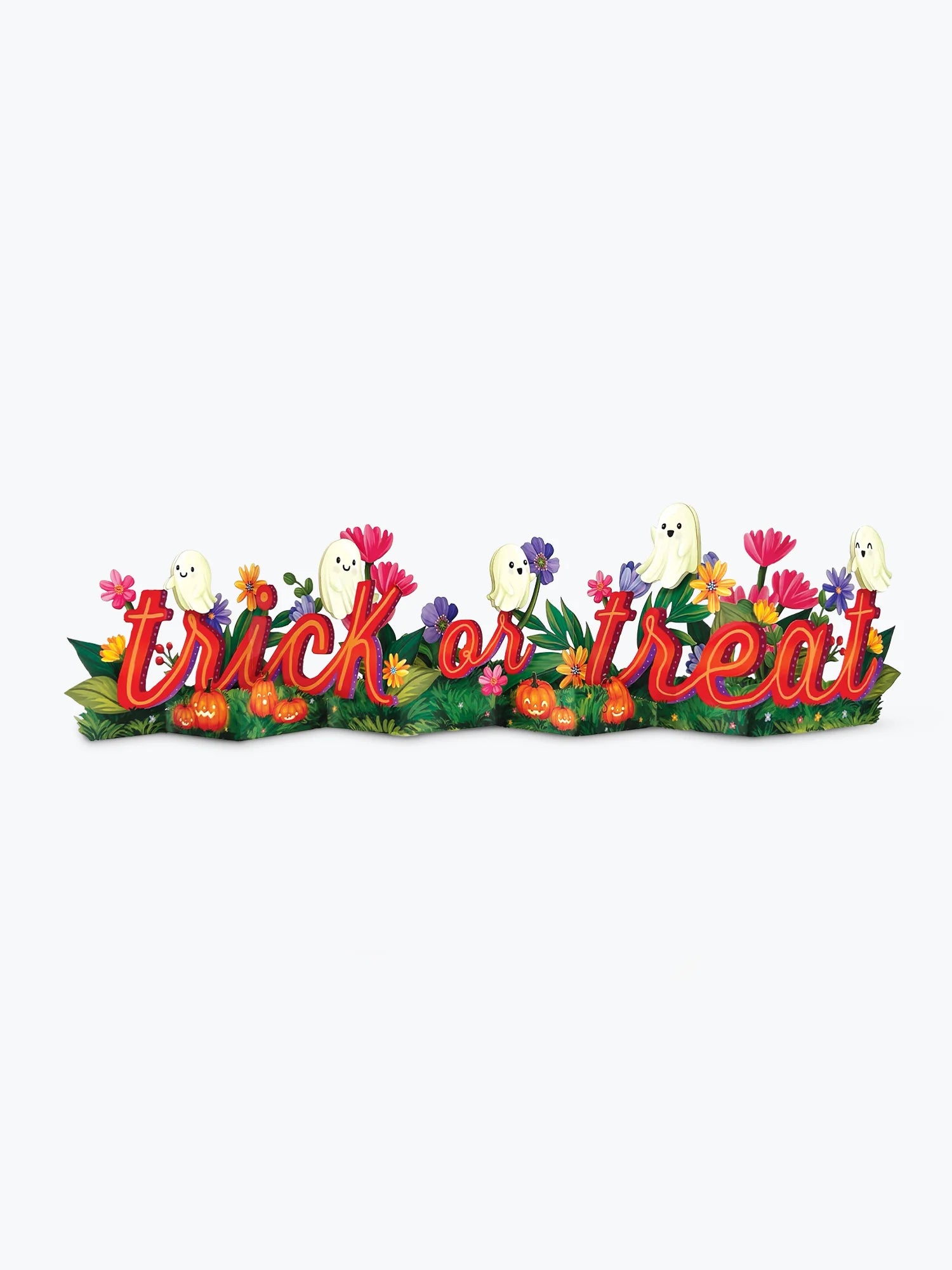 A Halloween decorative sign spelling 'trick or treat' in red and orange script, surrounded by colorful flowers, green leaves, small pumpkins, and white cartoon ghosts, shown on a plain light gray background.
